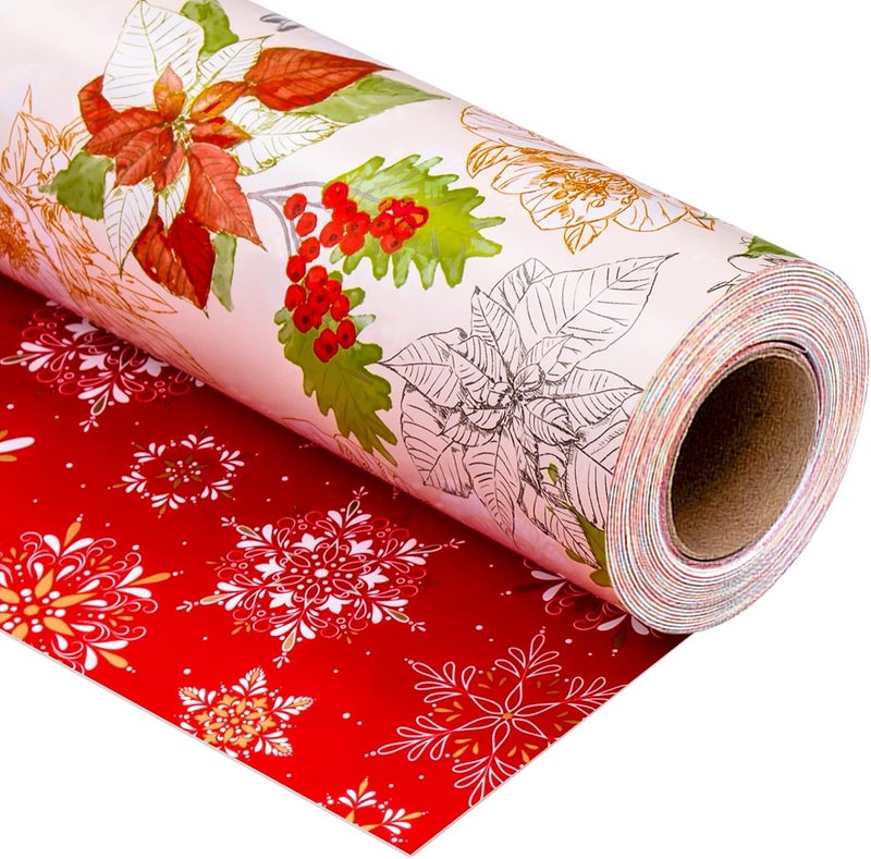 MAYPLUSS Christmas Wrapping Paper Roll, Vintage Reversible Christmas Gift Wrap with Poinsettia Design, Watercolor Red Green Floral Gift Wrapping Paper Holiday Present Packaging (17 Inch X 33 Feet) - Image 1